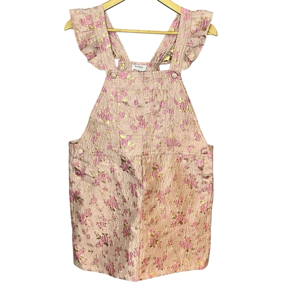 Storia Pink Metallic Floral Ruffle Overalls NWT Size Medium
